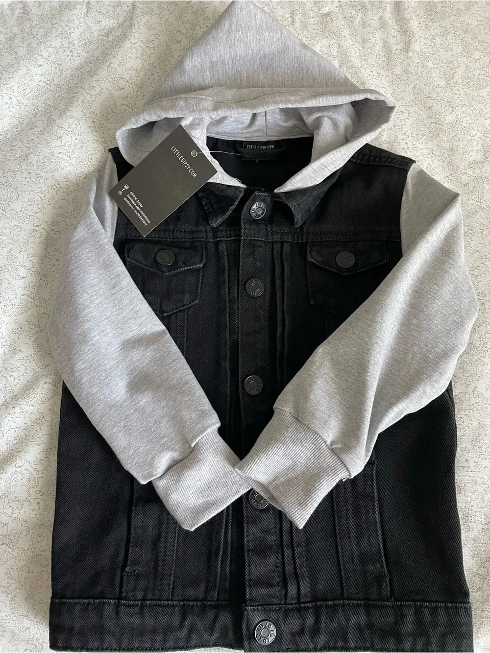 NEW Little Bipsy Kids Hooded Black Denim Jacket With Gray Sleeves Snaps Sz 2T-3T